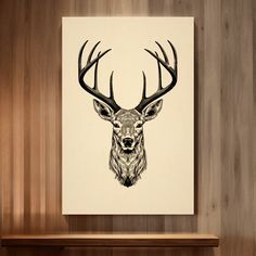 a deer's head with antlers is mounted on a wall above a shelf