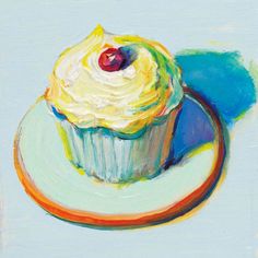 an oil painting of a cupcake on a plate with a cherry on the top