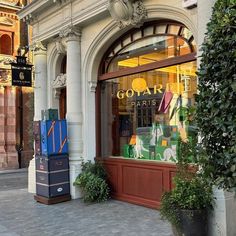 a store front with luggage in the window