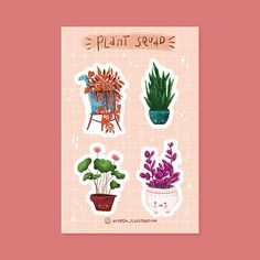 a card with stickers on it that says, plant swape and some potted plants