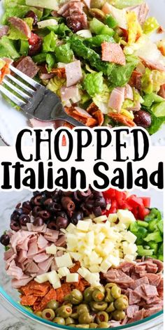 chopped italian salad in a bowl with olives and ham on the side, ready to be eaten