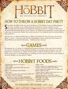 the hobbit movie poster with instructions for how to throw a hobbi day party