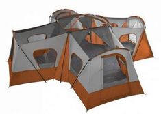 three tents are shown with one tent open and the other closed, all in grey and orange