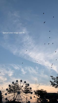 birds are flying in the sky above a ferris wheel at dusk with an inspirational quote