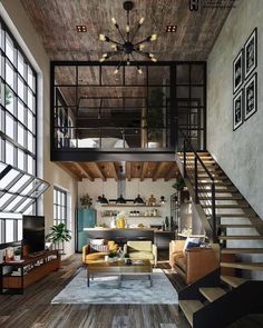 a living room filled with lots of furniture and a staircase leading up to the top floor