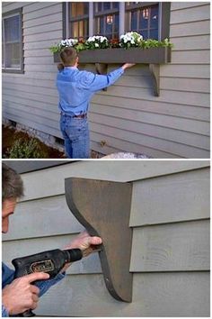 a man is working on an outside window box