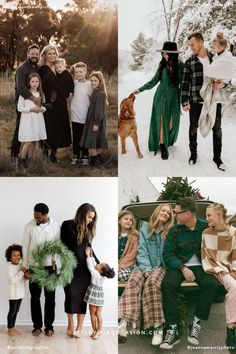 four different pictures of people and dogs in the snow, one is holding a wreath