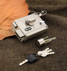 two keys are laying next to an old camera and a dead leaf on the ground