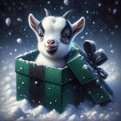 a painting of a baby goat in a green box with snow on it's surface