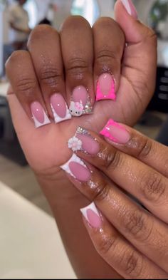 Short Nails With Hello Kitty Charm, Baddie Shorties Acrylic Nails, Short Pink Nails With Gems, Back To School Nails 6th Grade, Nails With A Lot Of Charms, Pink And White Short Nails, Mini Duck Nails, Birthday Nail Art Designs, Pink Duck Nails