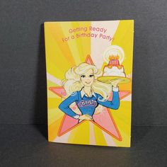 a birthday card with a blonde girl holding a cake on it's plate and the words getting ready for a birthday party