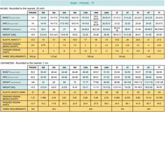 the size chart for each item in this table is shown with different numbers and colors