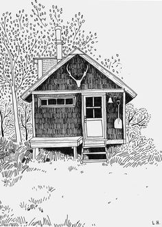 a black and white drawing of a cabin in the woods