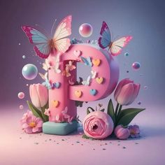 the letter p is surrounded by pink flowers and butterflies, with bubbles floating around it