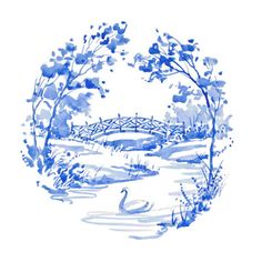 a blue and white watercolor painting of a pond with a bridge in the background