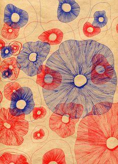 an artistic drawing of red, blue and white flowers on brown paper with circles in the middle