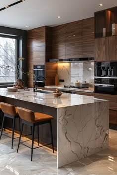 a modern kitchen with marble counter tops and wooden cabinets, along with bar stools