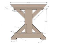 a wooden table with measurements for the top and bottom section, including two legs on each side