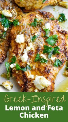 grilled lemon and feta chicken on a white platter with text overlay