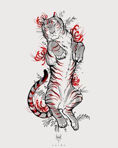 a drawing of a tiger sitting on its hind legs with roses around it's neck