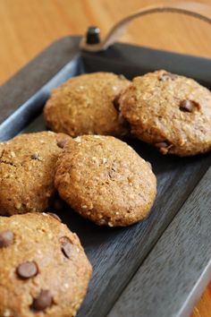 chocolate chip cookies in a pan on a wooden table