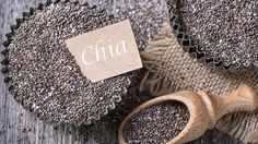 chia seeds and a wooden spoon on top of burlocked fabric with the word chia written on it