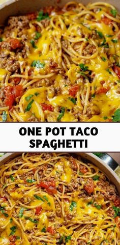 one pot taco spaghetti in a skillet with cheese and ground beef on top