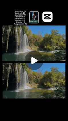 an image of a waterfall in the middle of two pictures, one showing water fall