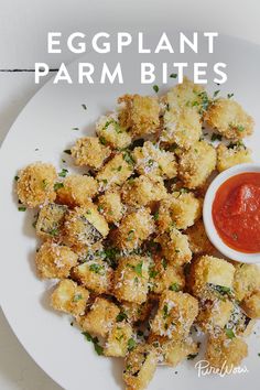 eggplant parm bites on a plate with ketchup