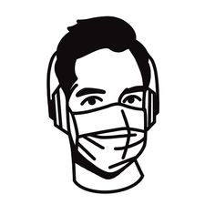 a black and white drawing of a man wearing a face mask with headphones on