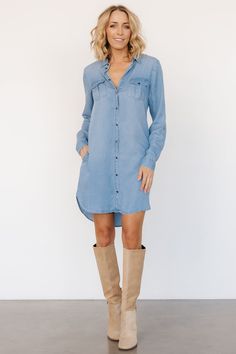 This stylish long sleeve lightweight denim dress features silver buttons down the front, combining timeless denim with a modern touch. Perfect for a casual day out or layering with accessories, it offers a versatile look for any occasion. Cocktail Jumpsuit, Bridesmaids Gowns, Dresses Velvet, Loungewear Fashion, Baltic Born, Midi Dress Style, Velvet Dresses, Cozy Knit Sweater, Skirt Long