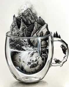 a drawing of a coffee cup with mountains in the background and birds flying around it