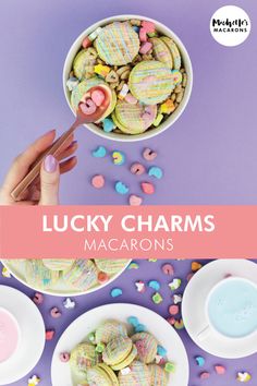 lucky charms macarons in a bowl on a purple background