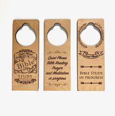 three wooden door hangers with bible verses on the front and back, one for each person