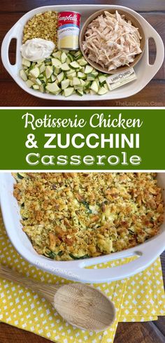 a casserole dish with chicken and zucchini in it on a table