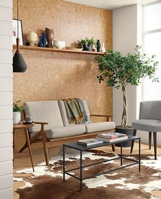 a living room filled with furniture next to a wall mounted book shelf and potted plant