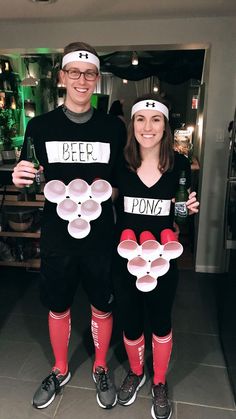 two people dressed up as beer pong and bowling shoes with their arms around each other