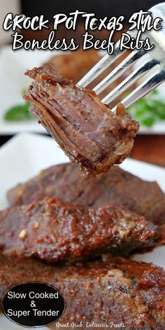 Closeup shot of forkful of beef ribs with more ribs on plate below. Beef Chuck Tx Style Ribs Recipe, Boneless Ribs Crockpot, Boneless Beef Ribs Recipe, Boneless Ribs Recipe, Beef Ribs Crockpot, Baked Beef Ribs, Boneless Beef Ribs, Boneless Beef Short Ribs, Beef Ribs Recipe