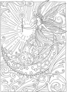 an adult coloring page featuring a fairy with stars and swirls