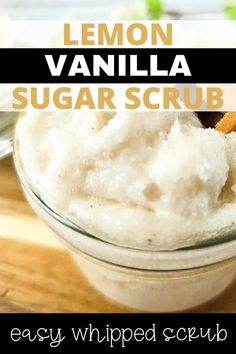 bowl of lemon vanilla homemade sugar scrub diy with sliced lemons and bottle of essential oil Vanilla Sugar Scrub Diy, Whipped Sugar Scrub Recipe, Easy Diy Body Scrub, Vanilla Sugar Scrub, Sugar Scrub Homemade Recipe, Scrub Recipe Diy, Easy Sugar Scrub, Diy Sugar Scrub Recipe, Lemon Sugar Scrub