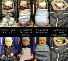 the instructions for how to put baby swaddles in their car seats and keep them warm