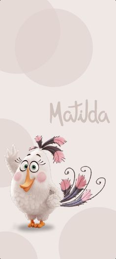 a white chicken with pink flowers on it's head and the words matilda written in spanish