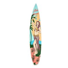 a surfboard with an image of a woman holding a plant on it's side