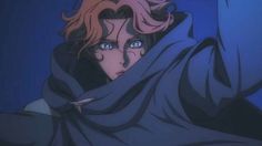 an anime character with red hair and blue eyes hiding behind a blanket in the dark