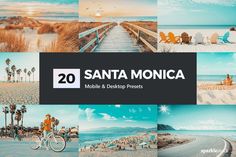 the beach with palm trees and people sitting on chairs in front of it, along with text that reads 20 santa monica mobile & desktop presets