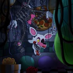 an animated image of a mouse eating pizza in a room filled with balloons and other items