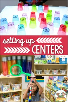 a collage of photos with the words setting up centers in front of children's toys