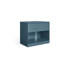 a blue shelf with two shelves on each side and an open drawer in the middle