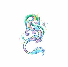 a colorful dragon with stars on it's head and tail, sitting in the air