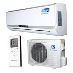 an air conditioner and remote controls are shown in this image, including the heat pump